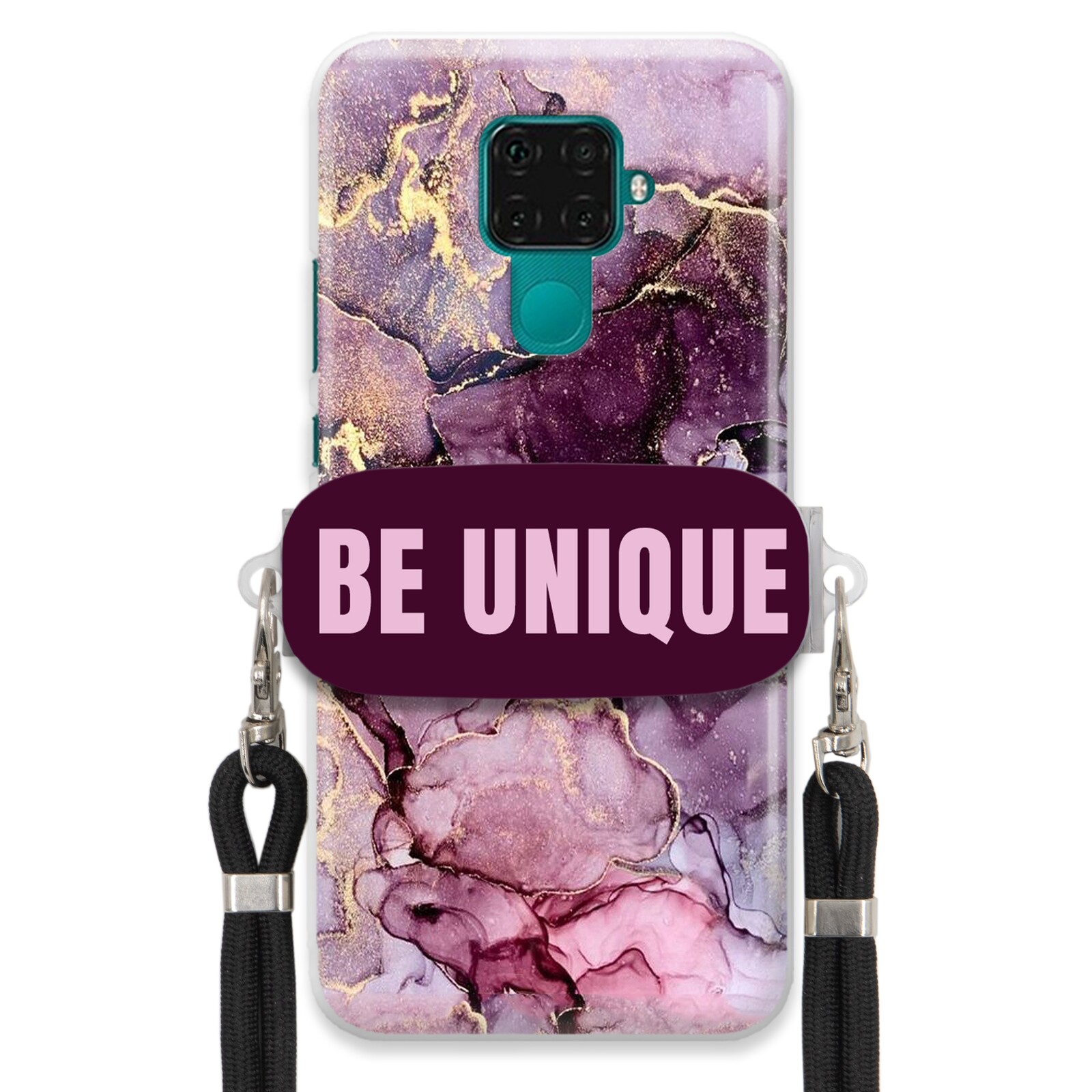Pouzdro pro Huawei Mate 30 Lite Case úchytka na šňůrku Černý fialový mramor