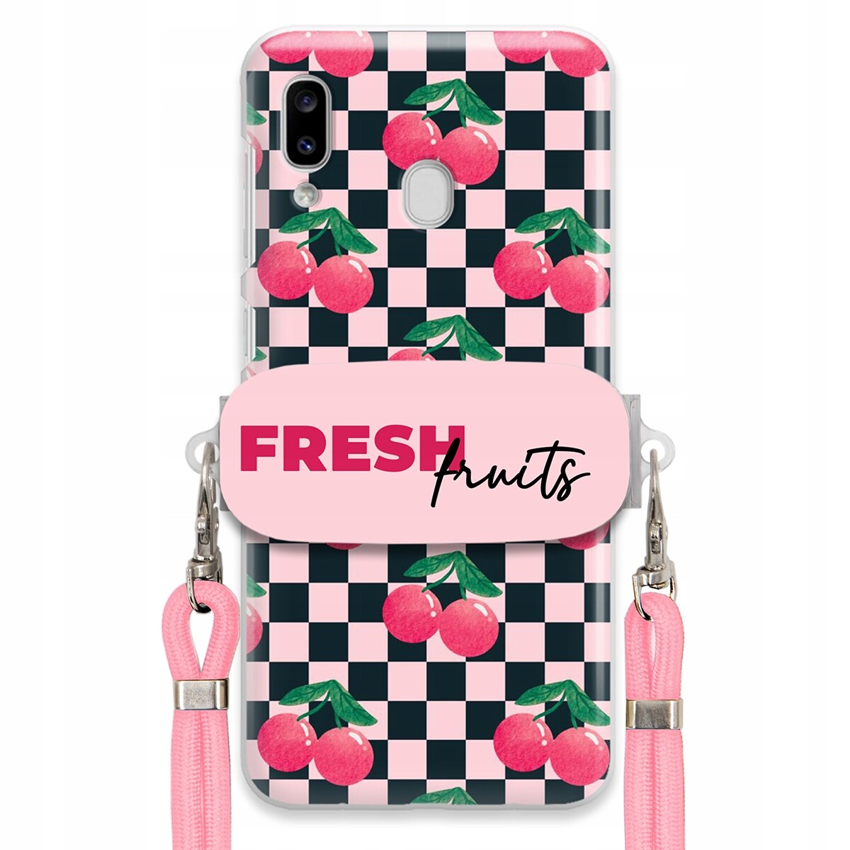 Pouzdro pro Samsung A20e Vodítko Pink Crossbody Držák Šachovnice Fresh Fruits