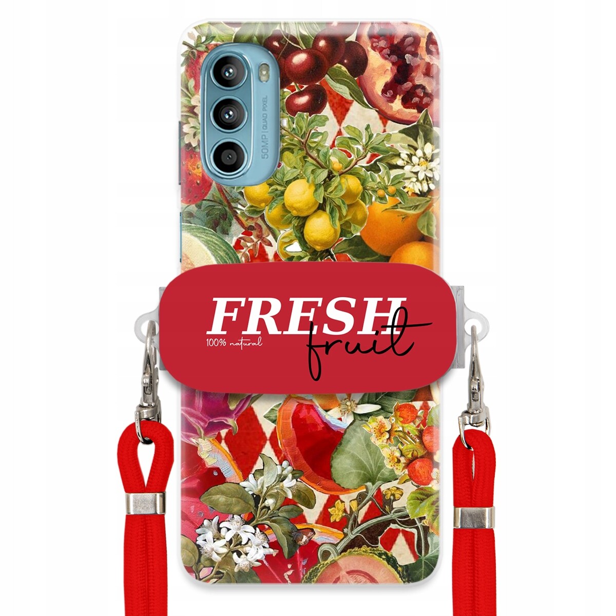 Pouzdro pro Motorola G52 Červené Crossbody vodítko Držák Fresh Fruit Ovocné