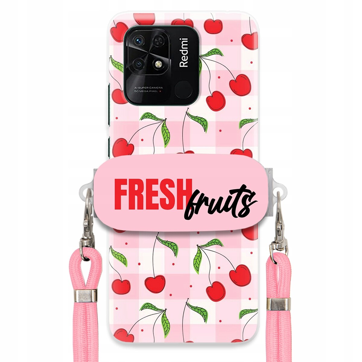 Pouzdro pro Xiaomi Redmi 10C 4G Case Držák Šňůra Růžová Fresh Fruits Mřížka