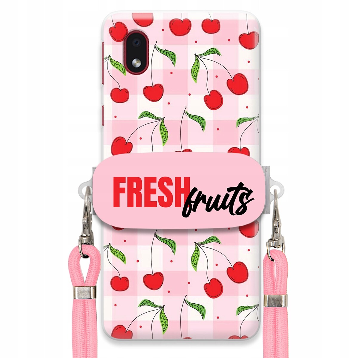 Pouzdro pro Samsung A01 Core Case Držák na šňůrku Růžová Fresh Fruits Mřížka
