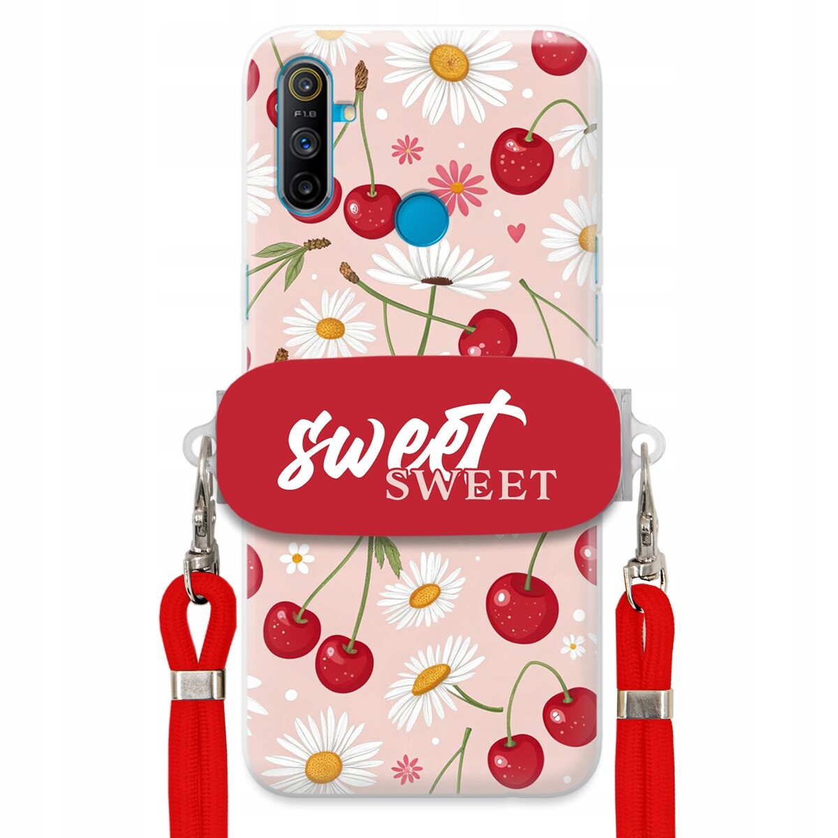 Pouzdro pro Realme C3 Červené vodítko držák Sweet Sweet Višeň a sedmikráska