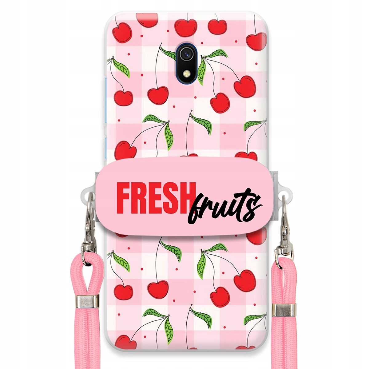 Pouzdro pro Xiaomi Redmi 8A Držák Šňůrka Růžová Fresh Fruits Mřížka