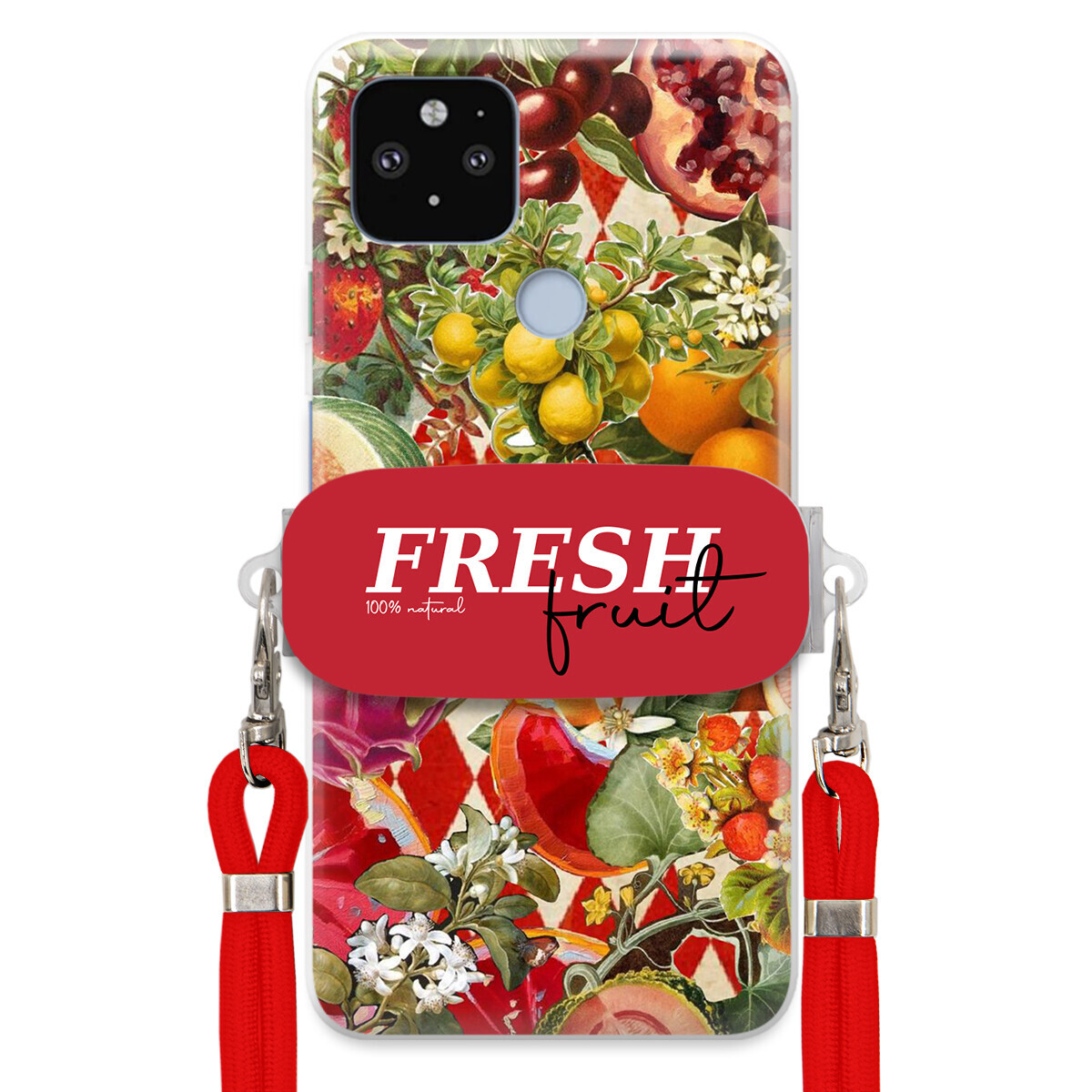 Pouzdro pro Google Pixel 5XL Červené Crossbody vodítko Držák Fresh Fruit