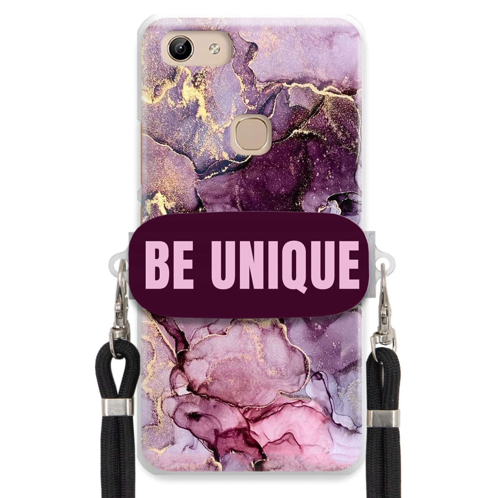 pouzdro na Vivo Y81 Case Uchytka Šňůrka Černá Be Unique Fialová Mramorová