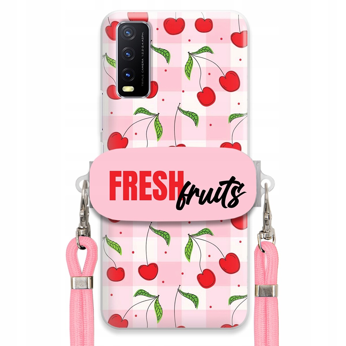 pouzdro na Vivo Y20 2021 Case Držák Šňůra Růžová Fresh Fruits Mřížka