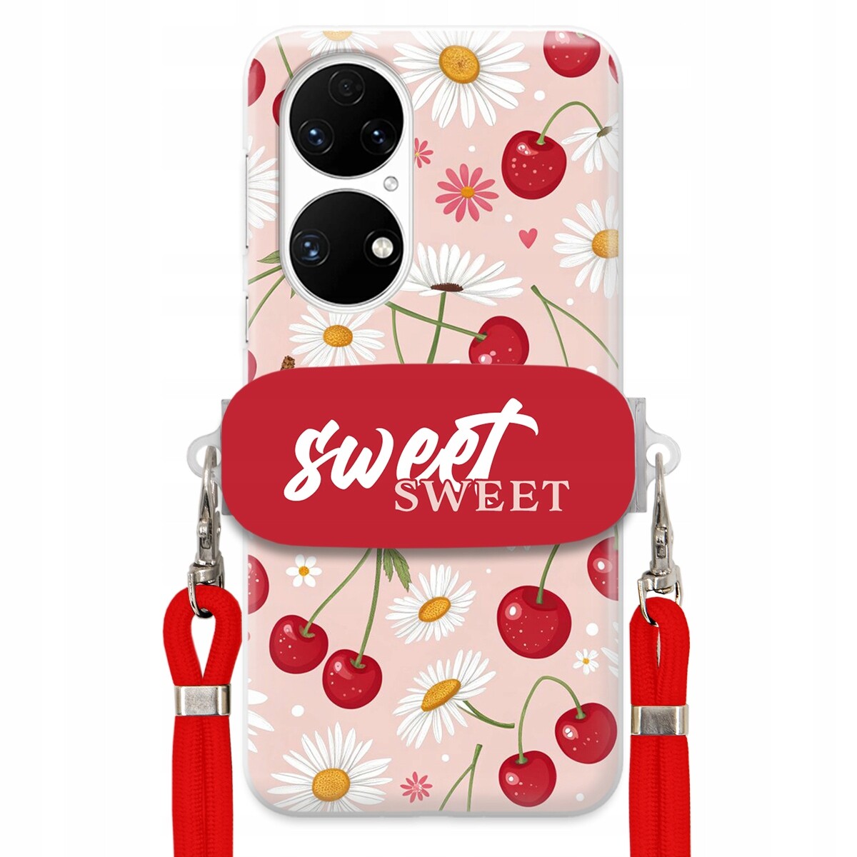 Pouzdro pro Huawei P50 Červené vodítko držák Sweet Sweet Višeň a sedmikráska