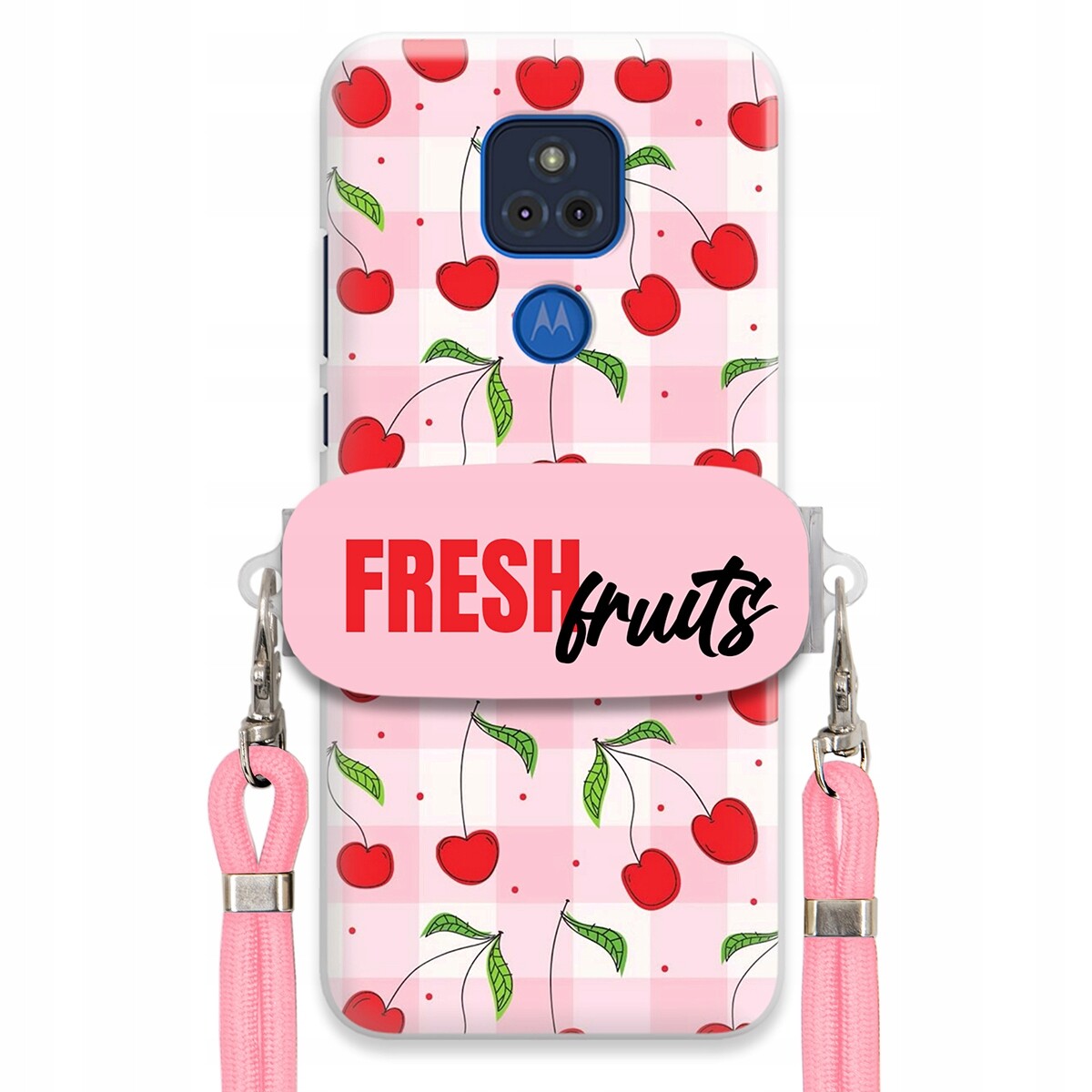 Pouzdro pro Motorola G Play 2021 Case Držák Šňůra Růžová Fresh Fruits Mřížka