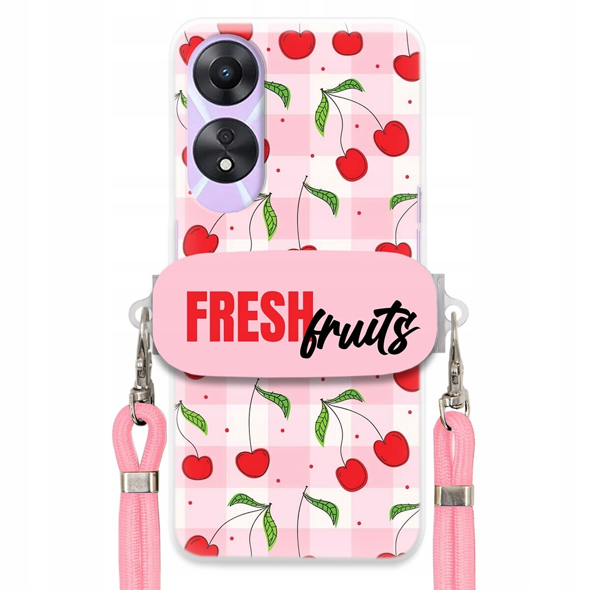 Pouzdro pro Oppo A78 5G Case Držák Šňůrka Růžová Fresh Fruits Mřížka Ovoce