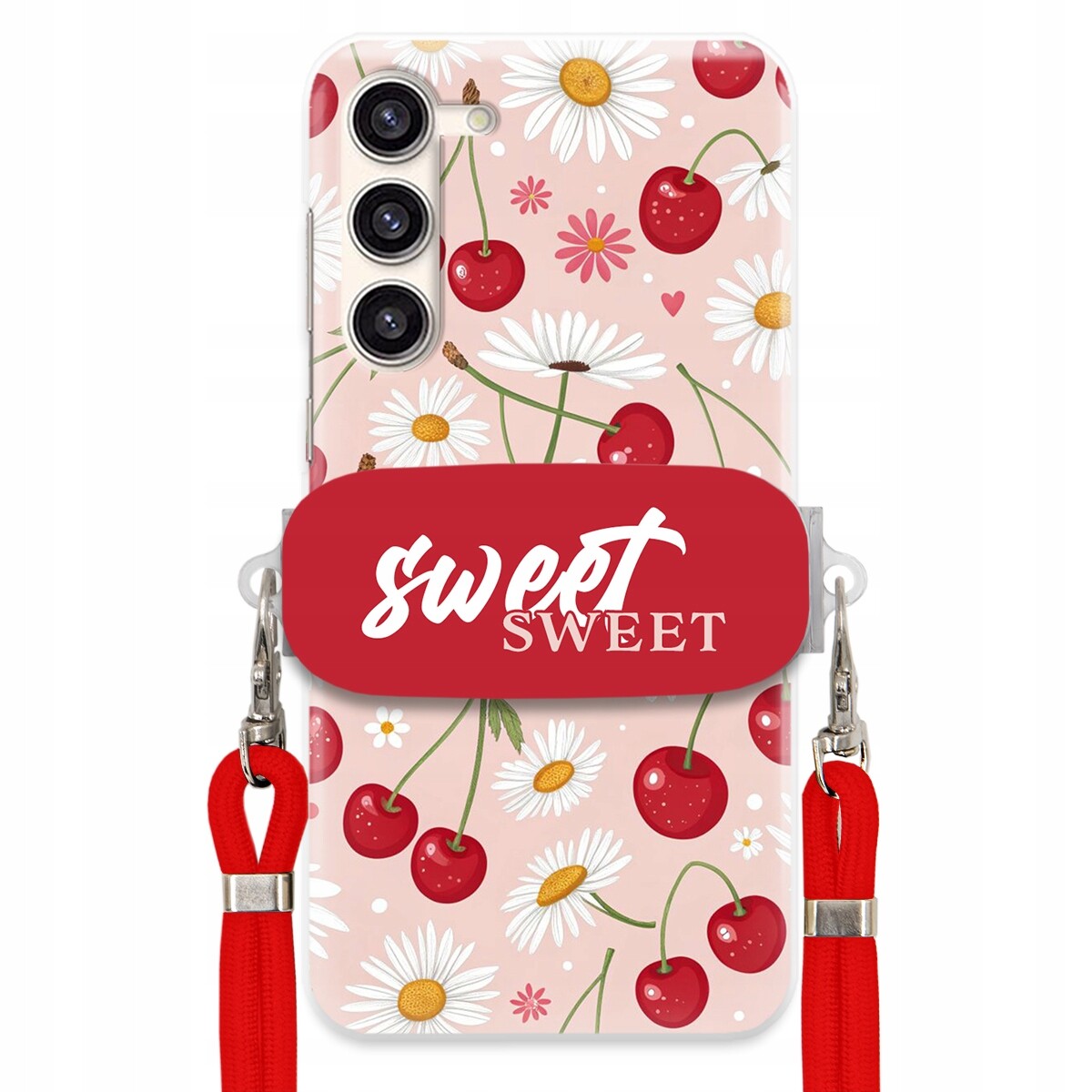 Pouzdro pro Samsung S23 Červené vodítko Držák Crossbody Sweet Višňový Květ