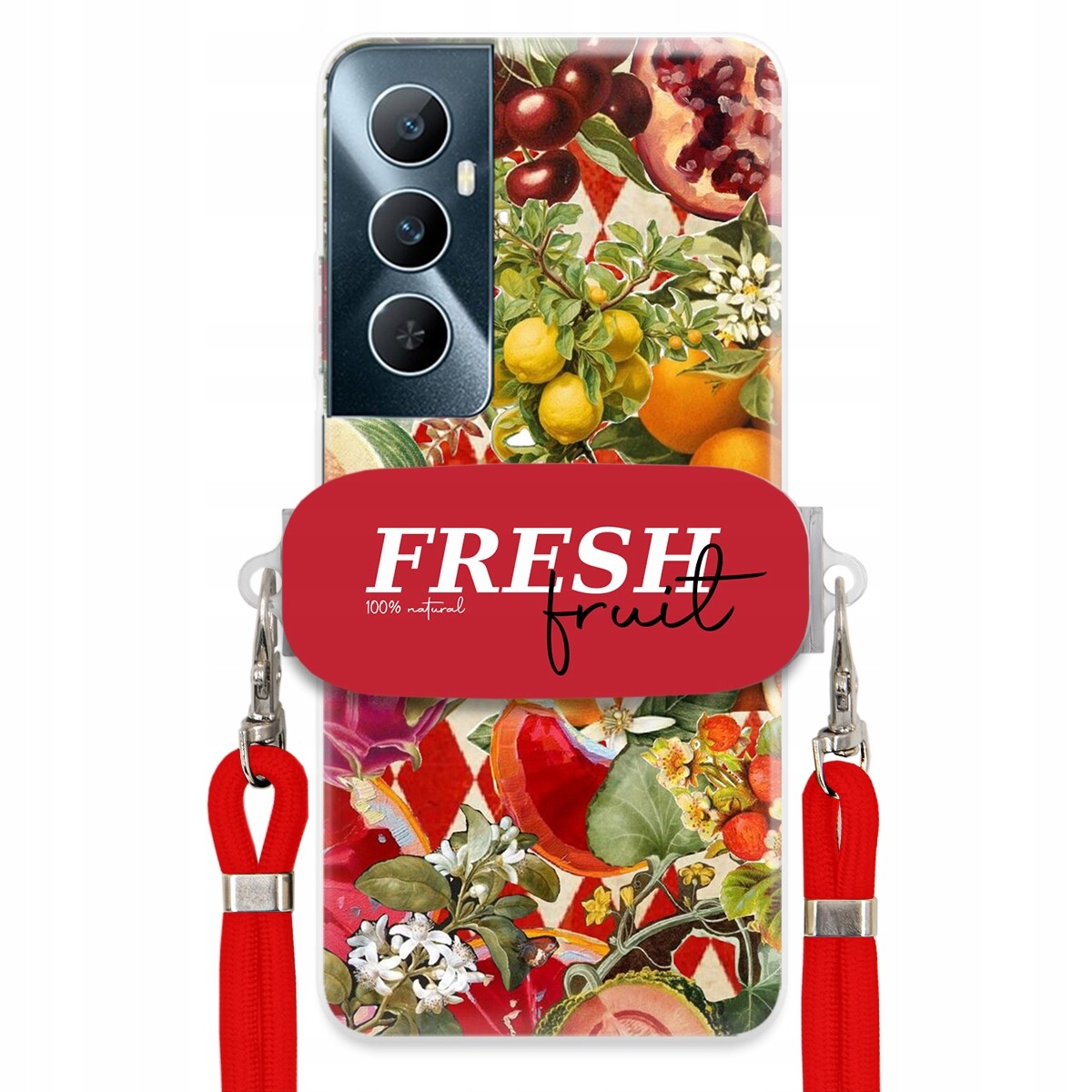 Pouzdro pro Realme C65 4G Červené Crossbody vodítko Držák Fresh Fruit Ovoce