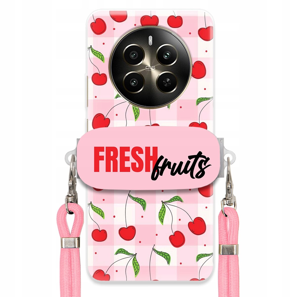 Pouzdro pro Realme 12 Plus 4G Case Držák Šňůrka Růžová Fresh Fruits Mřížka