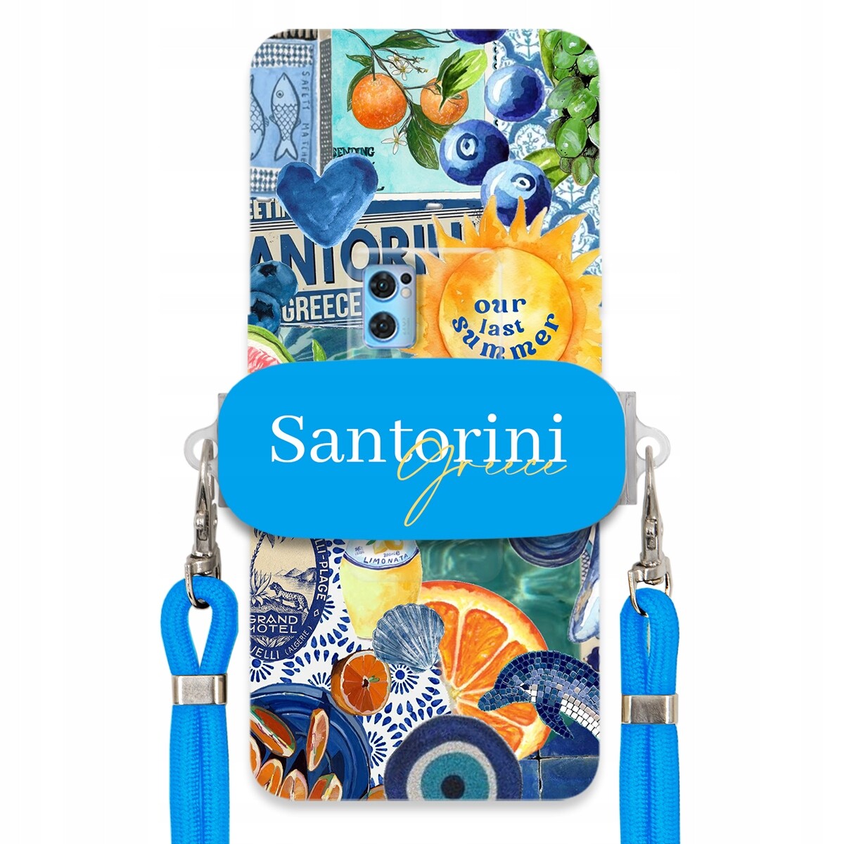 Pouzdro pro Oppo Reno 7 Pro Modré Crossbody vodítko držák Santorini Greece