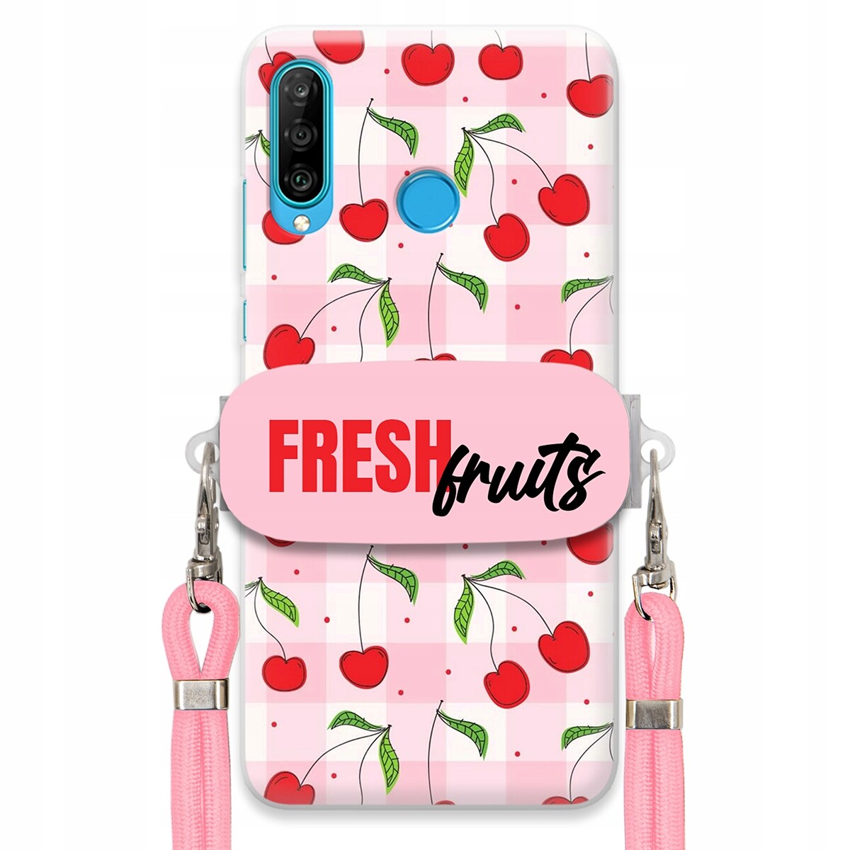 Pouzdro pro Huawei P30 Lite Case Držák Šňůra Růžová Fresh Fruits Mřížka