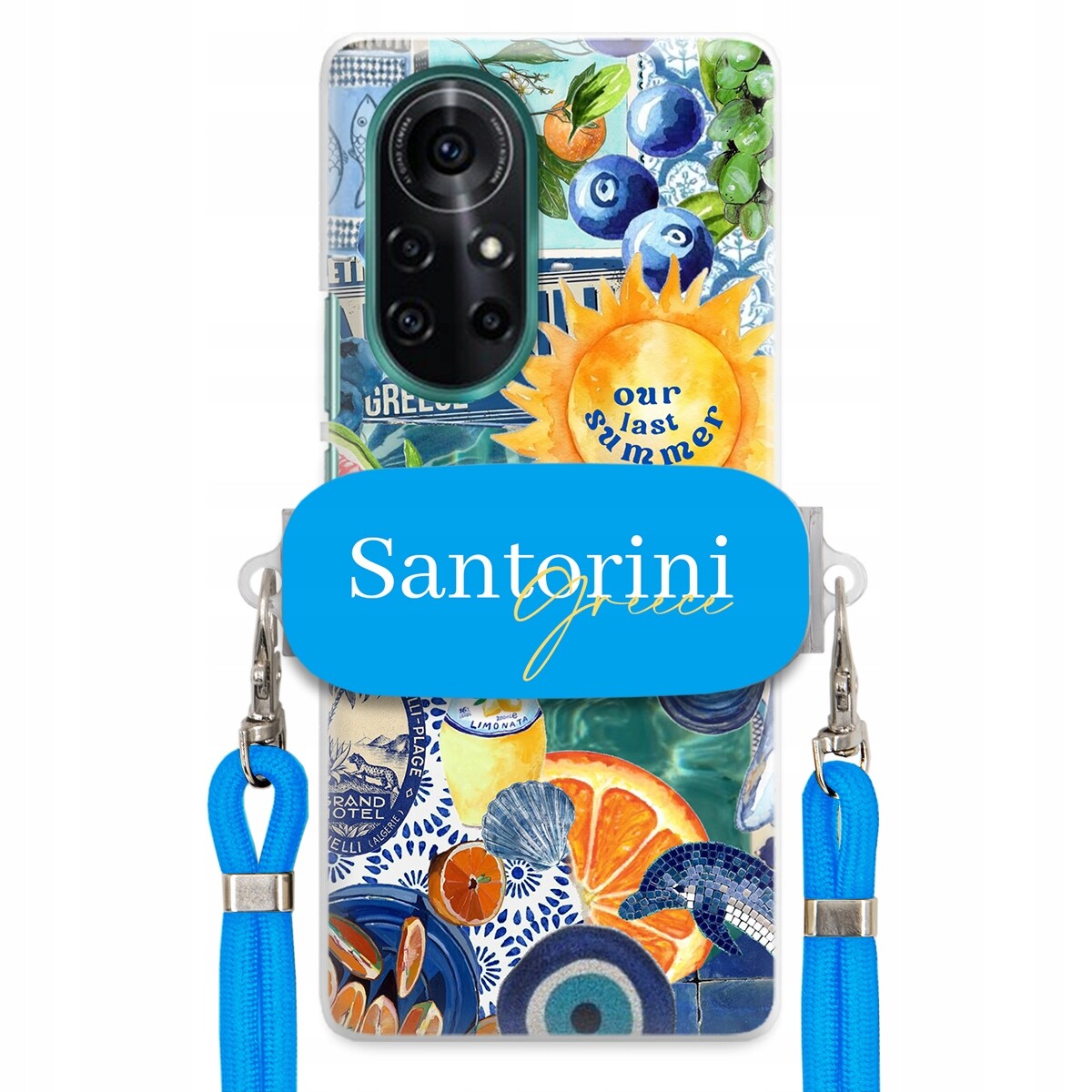 Pouzdro pro Huawei Nova 8 Modré Crossbody vodítko držák Santorini Greece