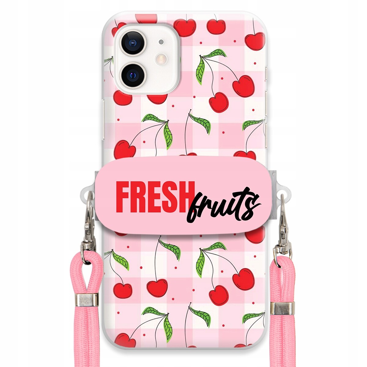 Pouzdro pro iPhone 12 Case Držák Šňůrka Růžová Fresh Fruits Mřížka Ovoce