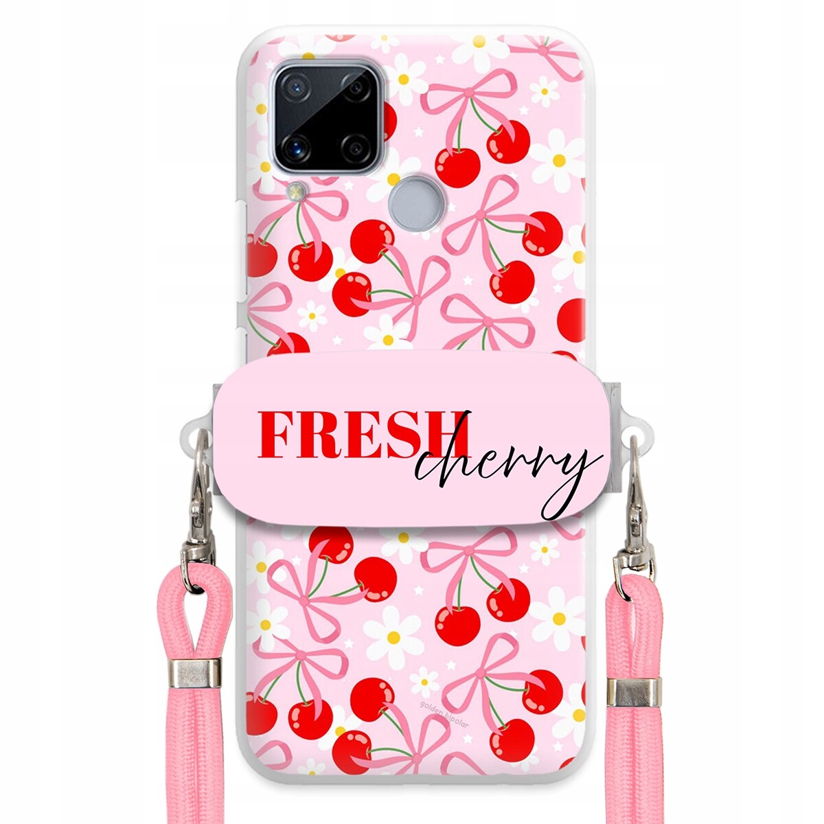 Pouzdro pro Realme C15 Case Držák Šňůrka Růžová Cherry Třešničky Mašličky