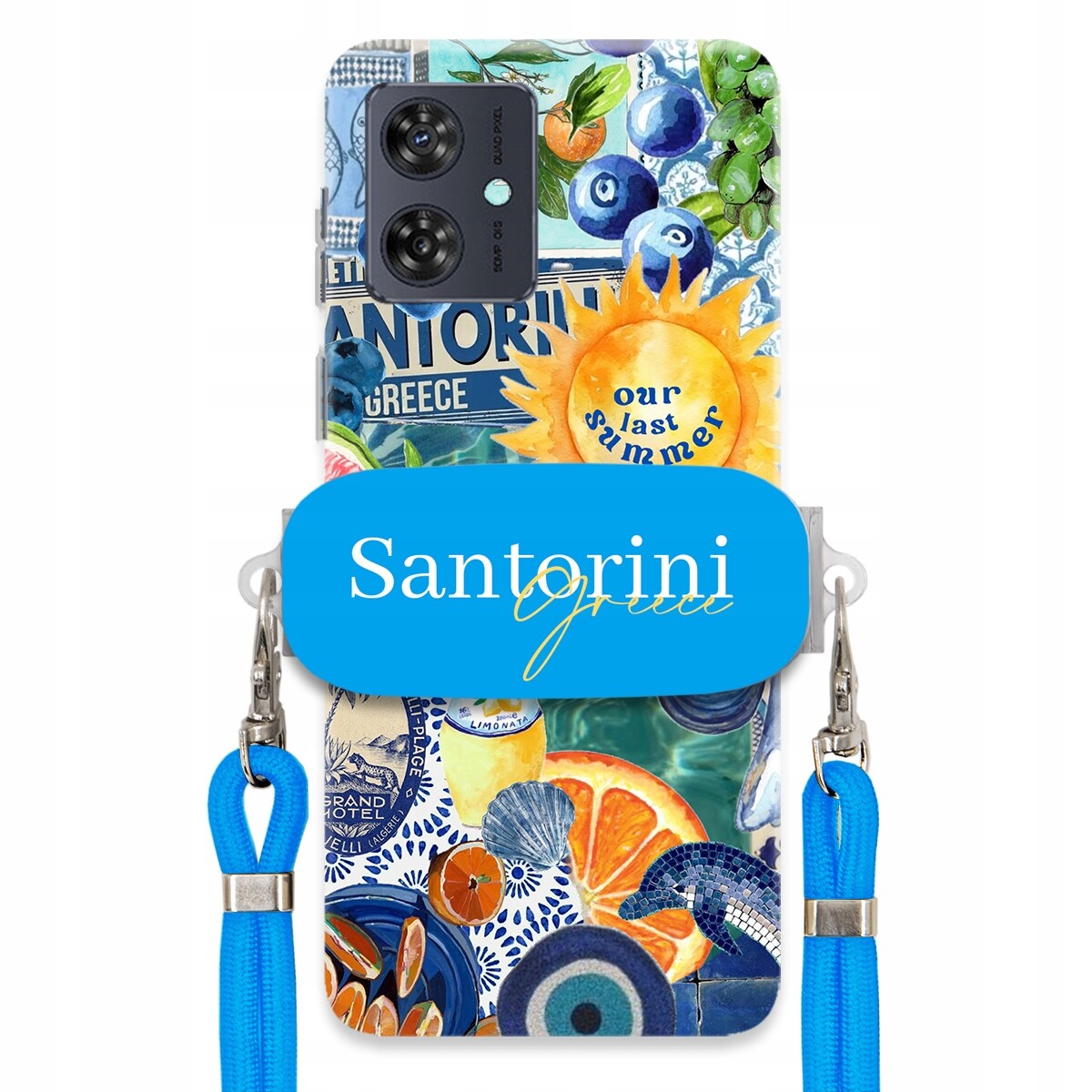 Pouzdro pro Motorola G54 5G Modré Crossbody vodítko Držák Santorini Greece