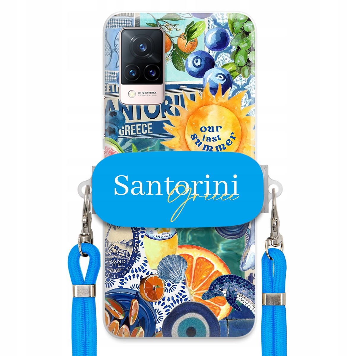 pouzdro na Vivo S9 Modré Crossbody vodítko Držák Santorini Greece Sea