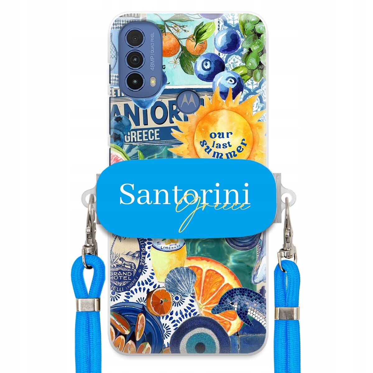 Pouzdro pro Motorola E30 Modré Crossbody vodítko Držák Santorini Sea Vibes