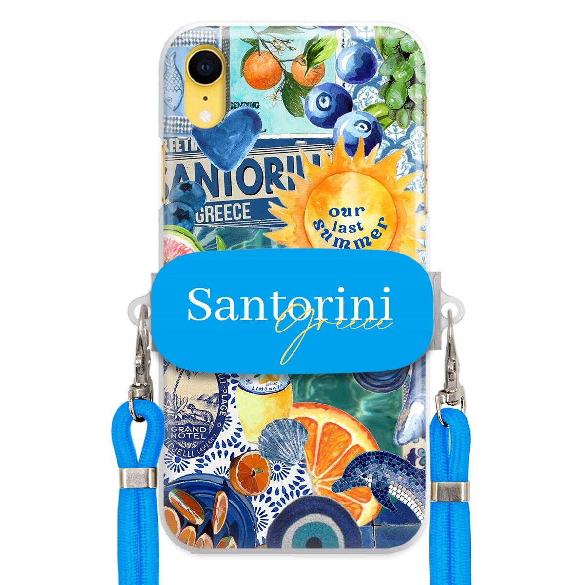 Pouzdro pro iPhone Xr Modré Crossbody vodítko Držák Santorini Sea Vibes