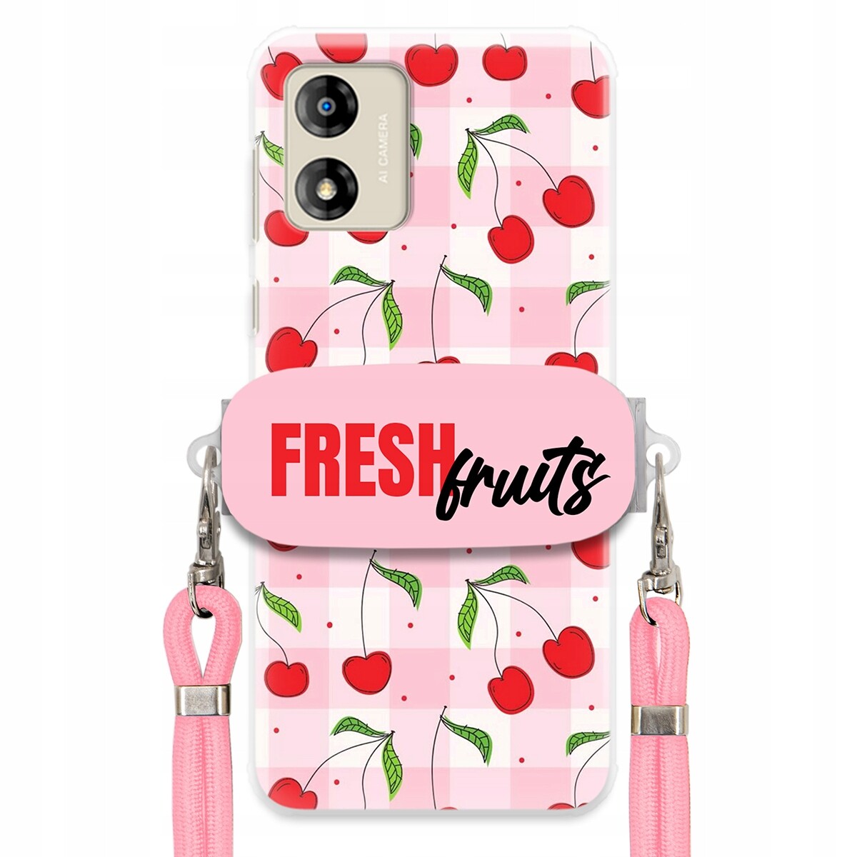 Pouzdro pro Motorola E13 Case Držák Šňůrka Růžová Fresh Fruits Mřížka Ovoce