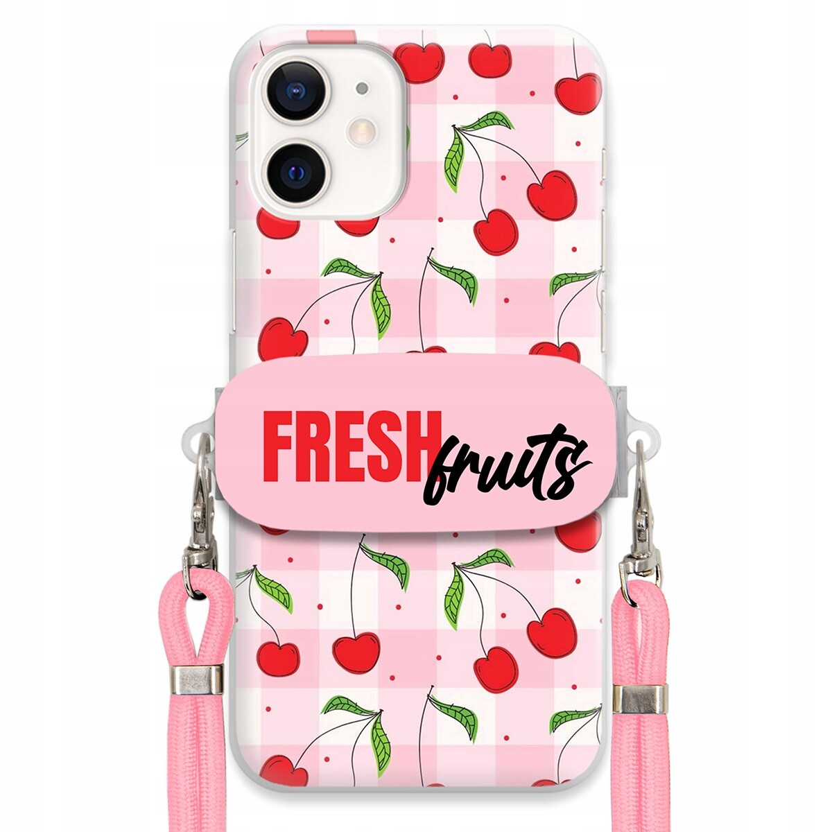 Pouzdro pro Iphone 12 Mini Case Držák Šňůrka Růžová Fresh Fruits Mřížka