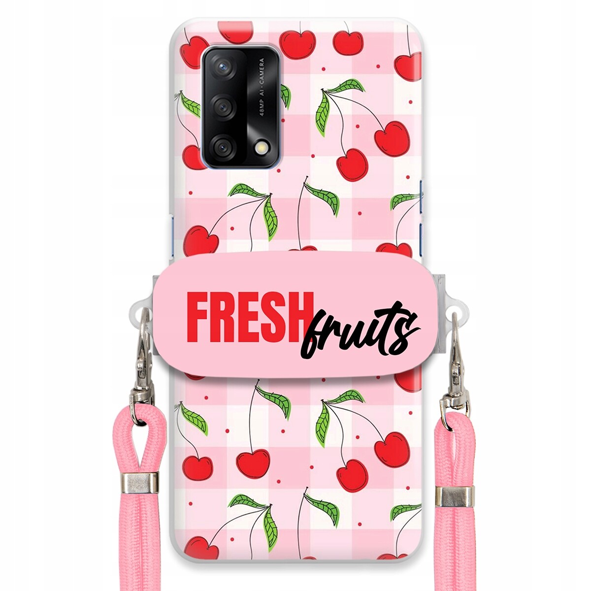 Pouzdro pro Oppo A74 4G Case Držák Šňůrka Růžová Fresh Fruits Mřížka Ovoce