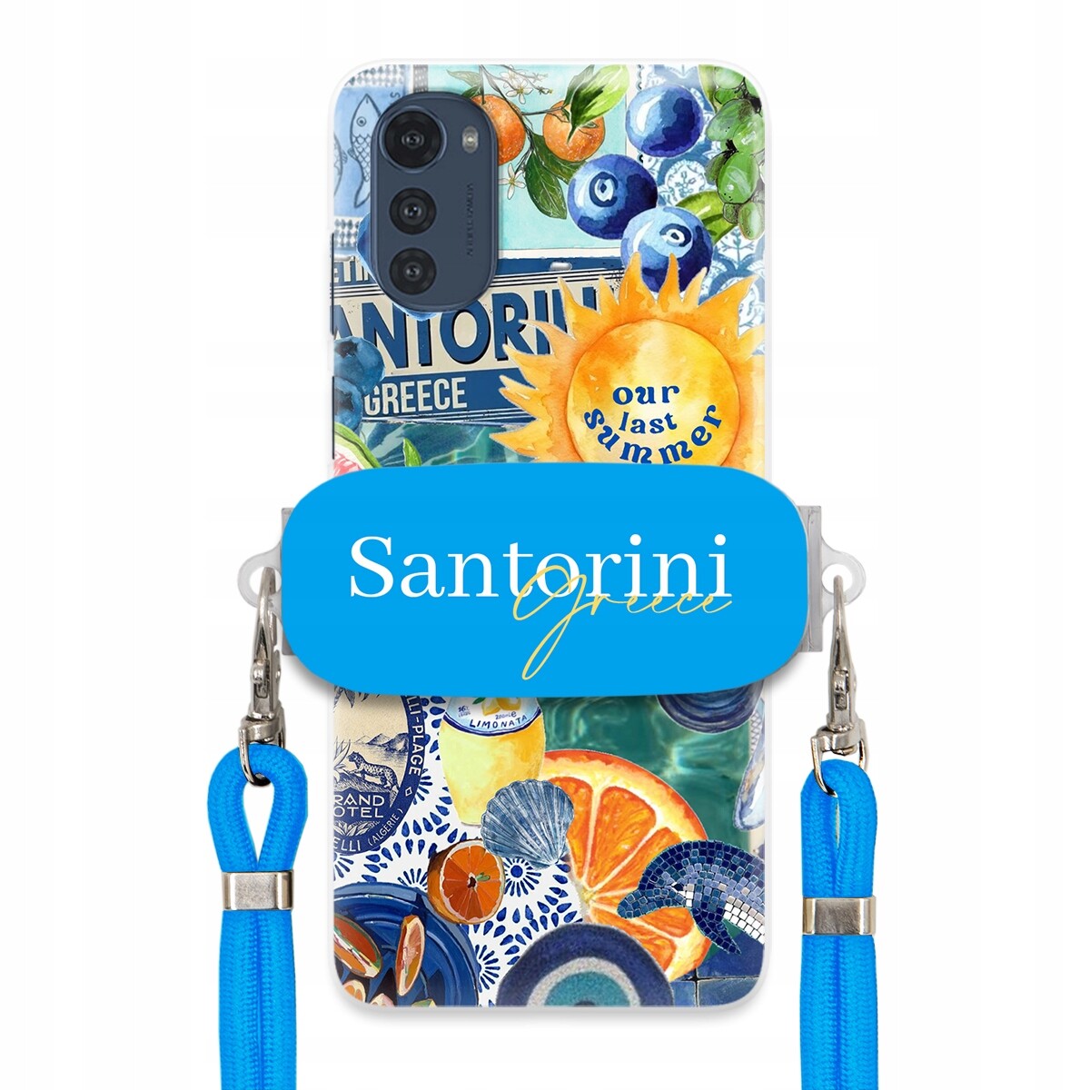 Pouzdro pro Motorola E32s Modré Crossbody vodítko Držák Santorini Greece