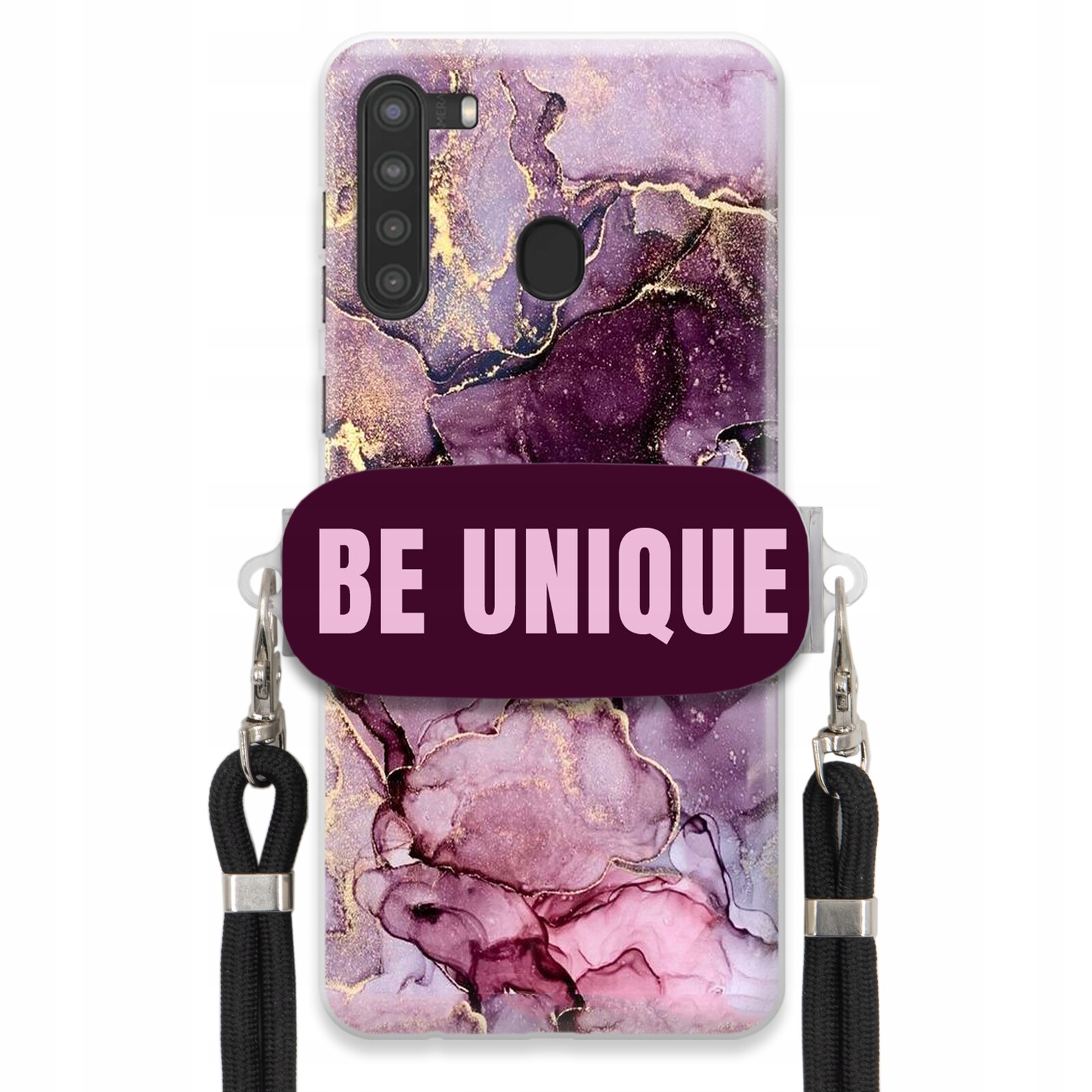 Pouzdro pro Samsung A21 Case úchytka na šňůrku Černý fialový mramor