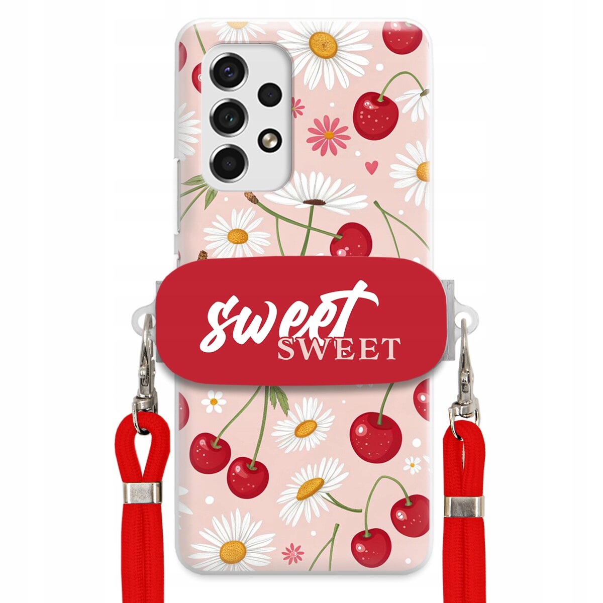 Pouzdro pro Samsung A53 5G Červené vodítko držák Crossbody Sweet Višňový Květ