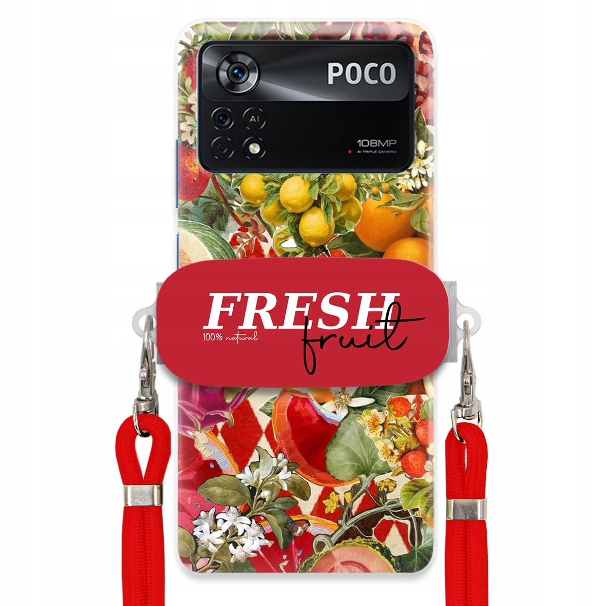Pouzdro pro Xiaomi Poco X4 Pro 5G Červené Crossbody vodítko Držák Fresh Fruit