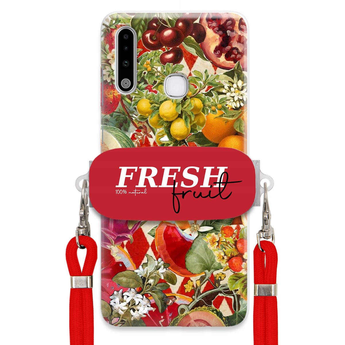 Pouzdro pro Samsung A70e Červené Crossbody vodítko Držák Fresh Fruit Ovocné