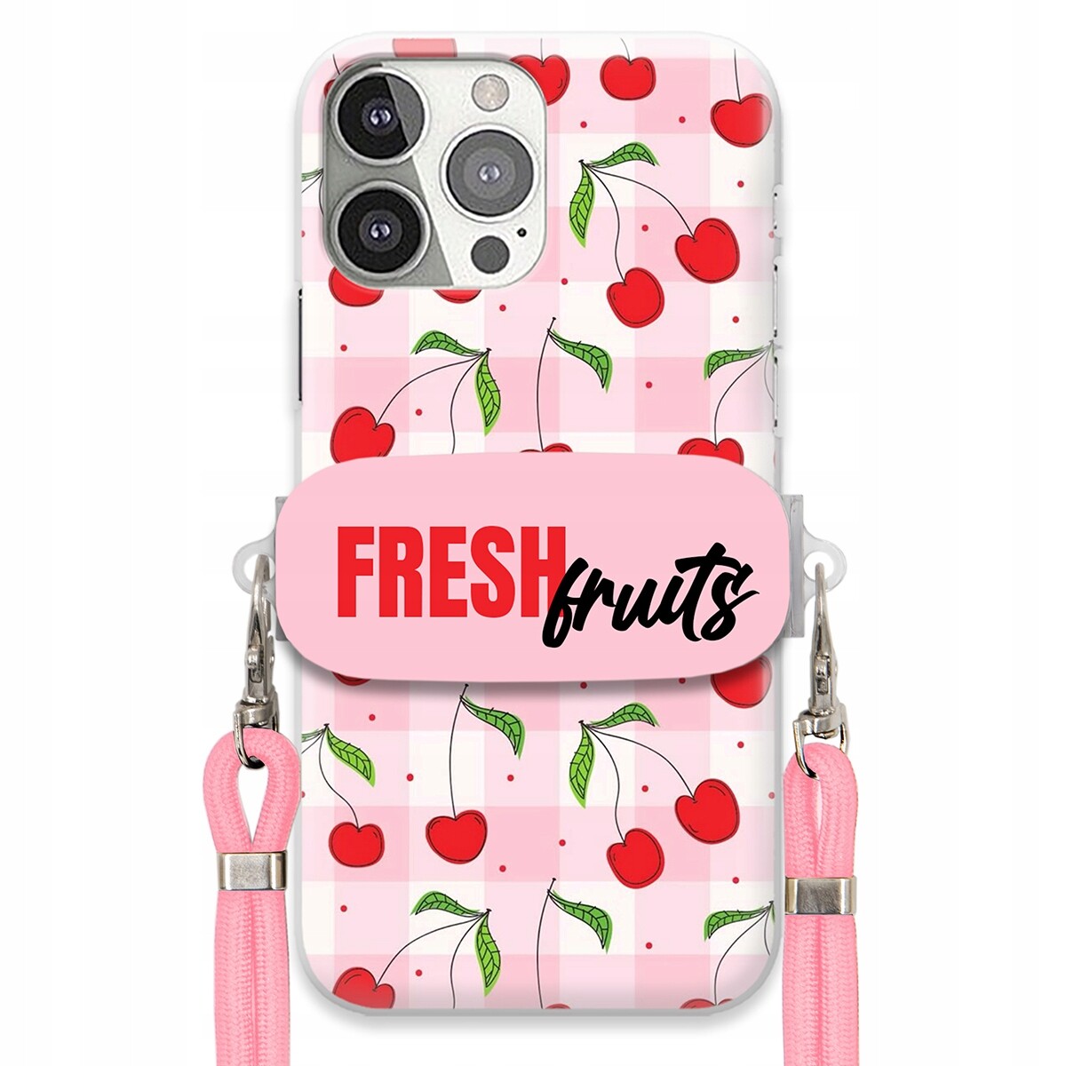 Pouzdro pro iPhone 13 Pro Case Držák Šňůrka Růžová Fresh Fruits Mřížka