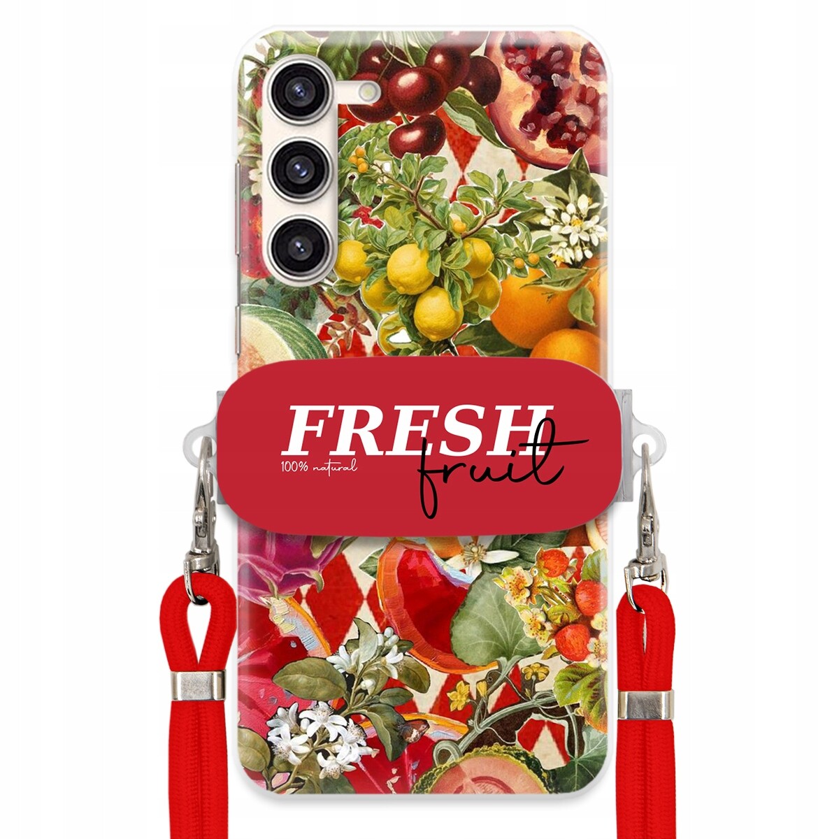 Pouzdro pro Samsung S23 červené vodítko Crossbody rukojeť Fresh Fruit Ovoce