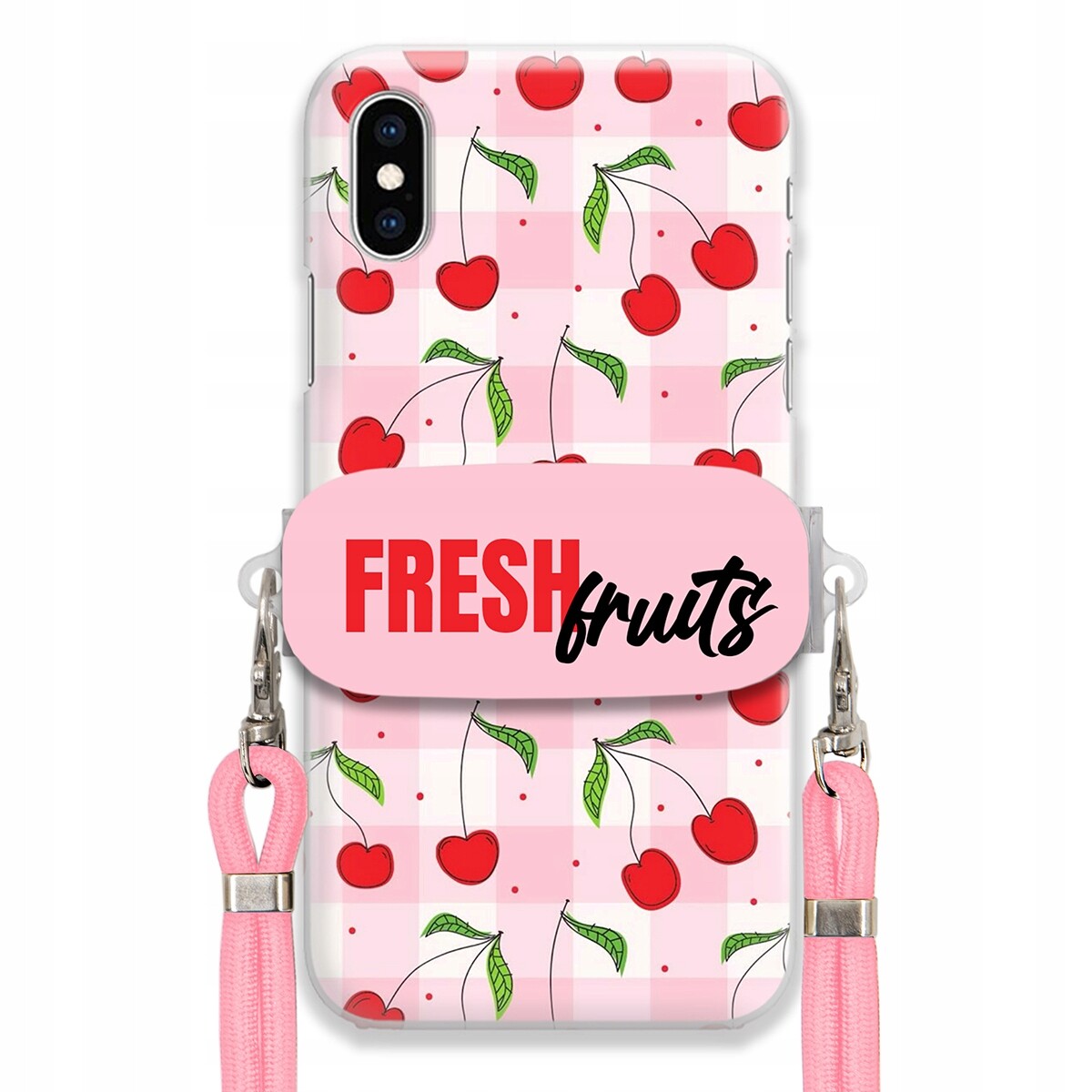 Pouzdro pro iPhone X Case Držák Šňůrka Růžová Fresh Fruits Mřížka Ovoce