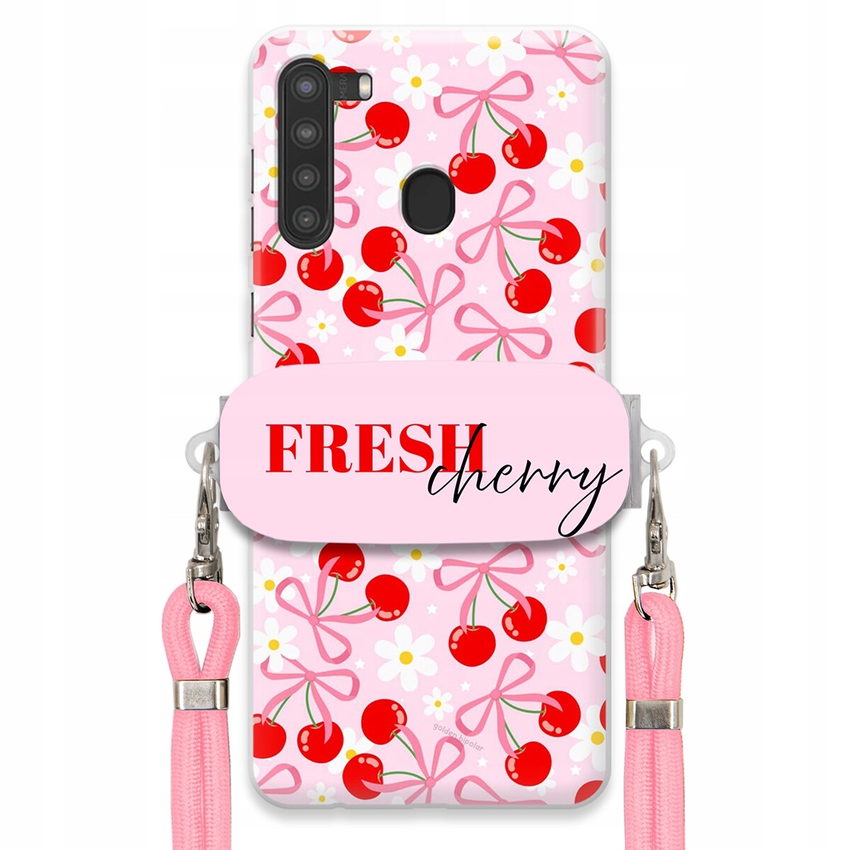 Pouzdro pro Samsung A21 Case Držák Šňůrka Růžová Cherry Třešničky Mašličky