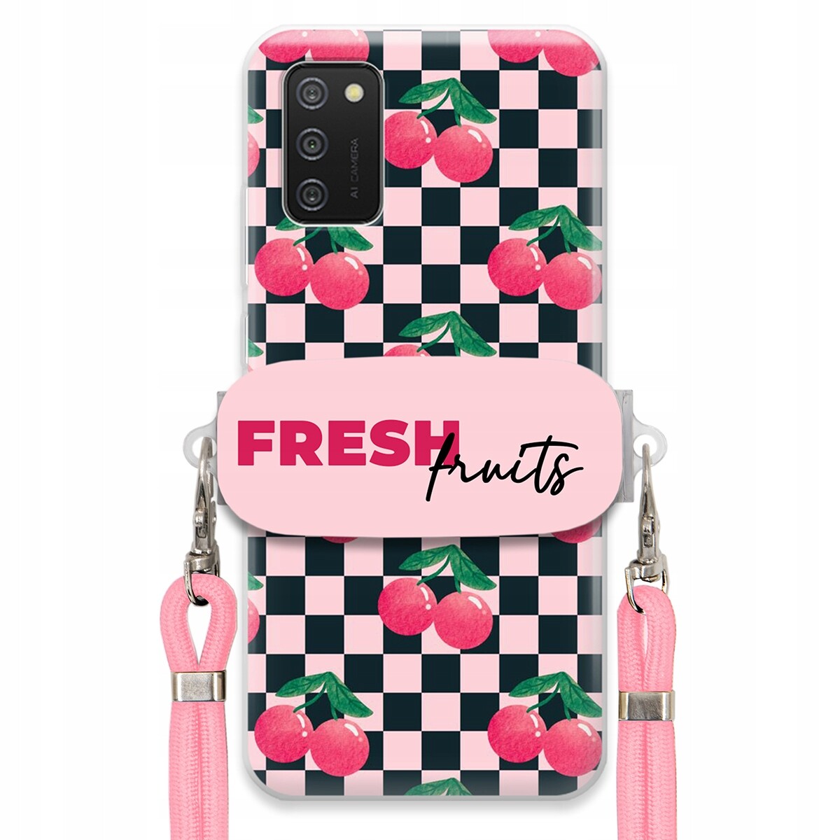 Pouzdro pro Samsung A02S Vodítko Pink Crossbody Držák na šachovnici Fresh Fruits