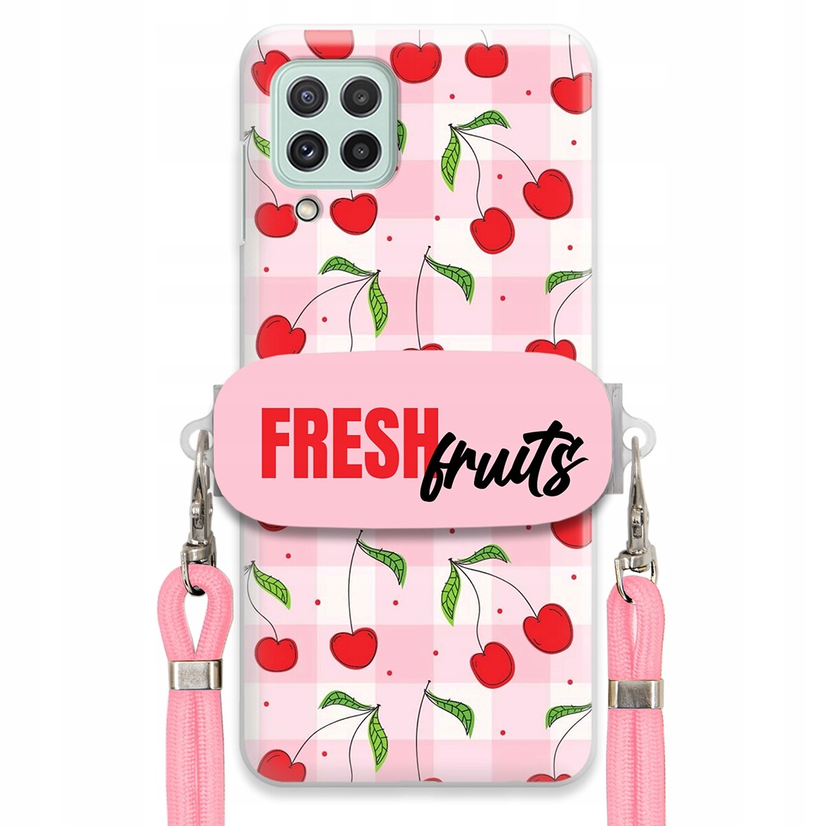 Pouzdro pro Samsung A22 5G Case Držák Šňůrka Růžová Fresh Fruits Mřížka