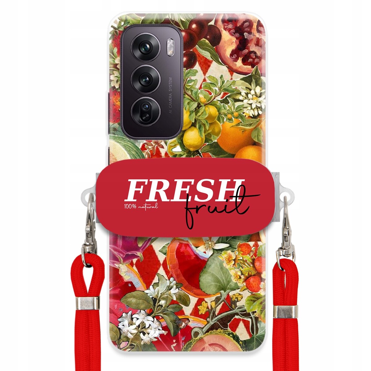 Pouzdro pro Oppo Reno 12 Pro 5G Červené Crossbody vodítko Držák Fresh Fruit