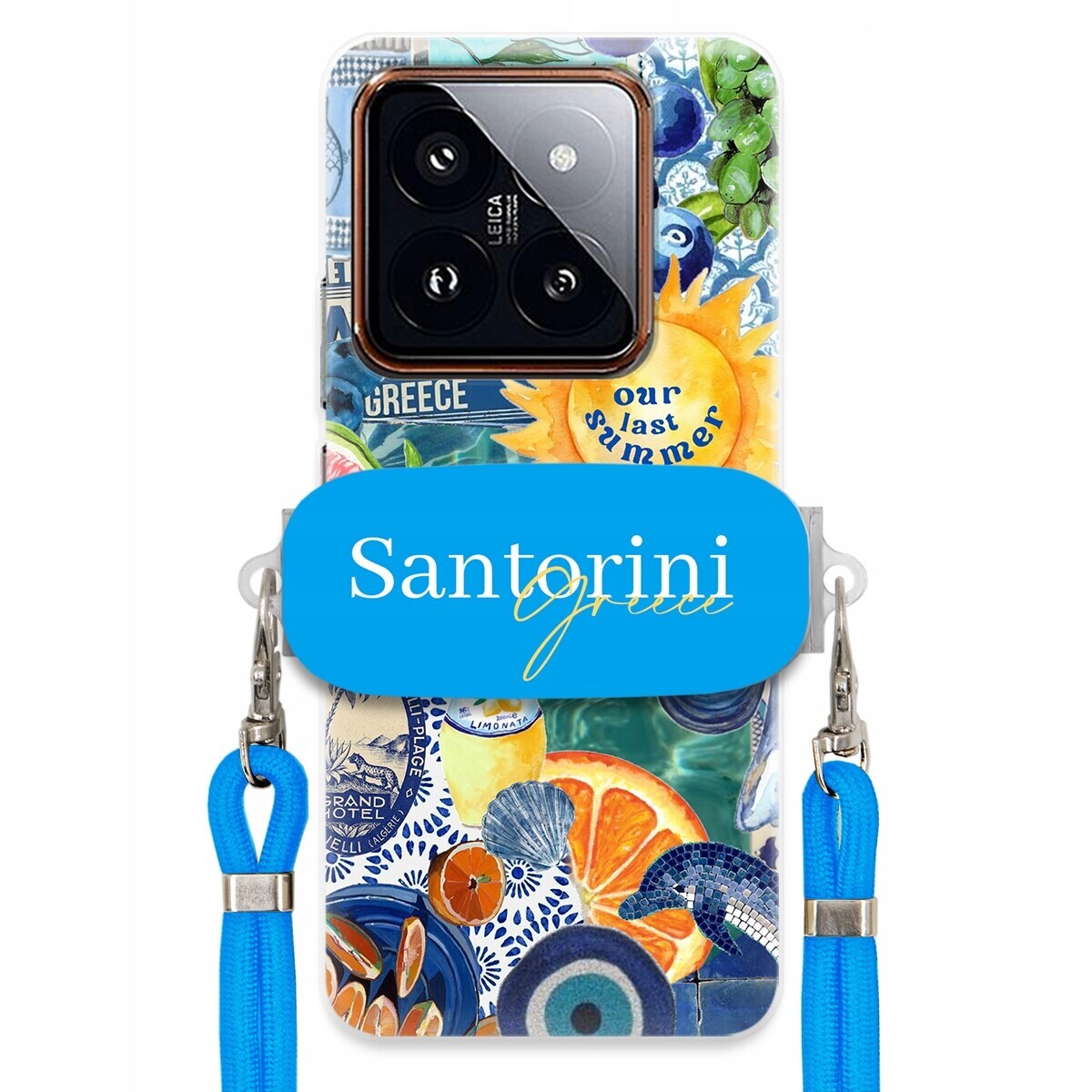 Pouzdro pro Xiaomi 14 Pro Modré Crossbody vodítko Držák Santorini Greece