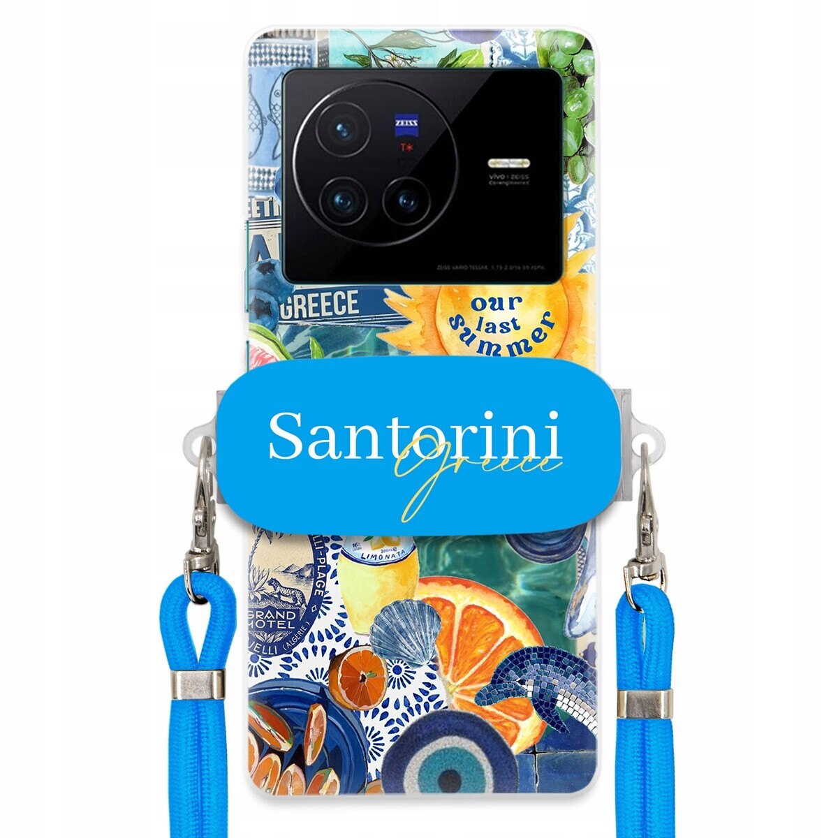 pouzdro na Vivo X80 Modré vodítko Crossbody Držák Santorini Greece Sea