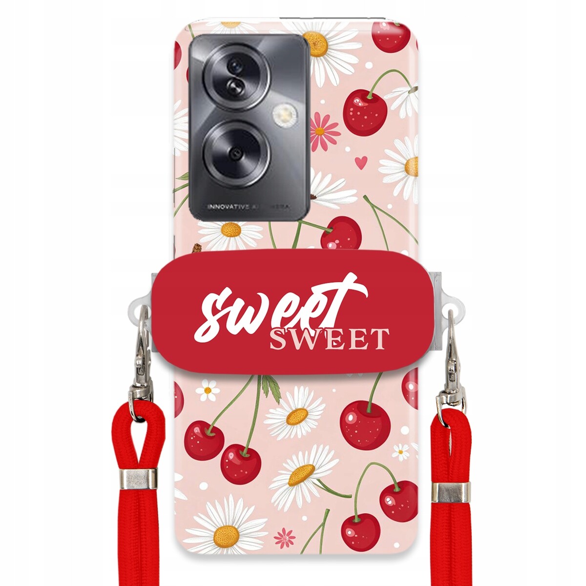Pouzdro pro Oppo A79 5G Červené vodítko držák Sweet Sweet Višeň a sedmikráska
