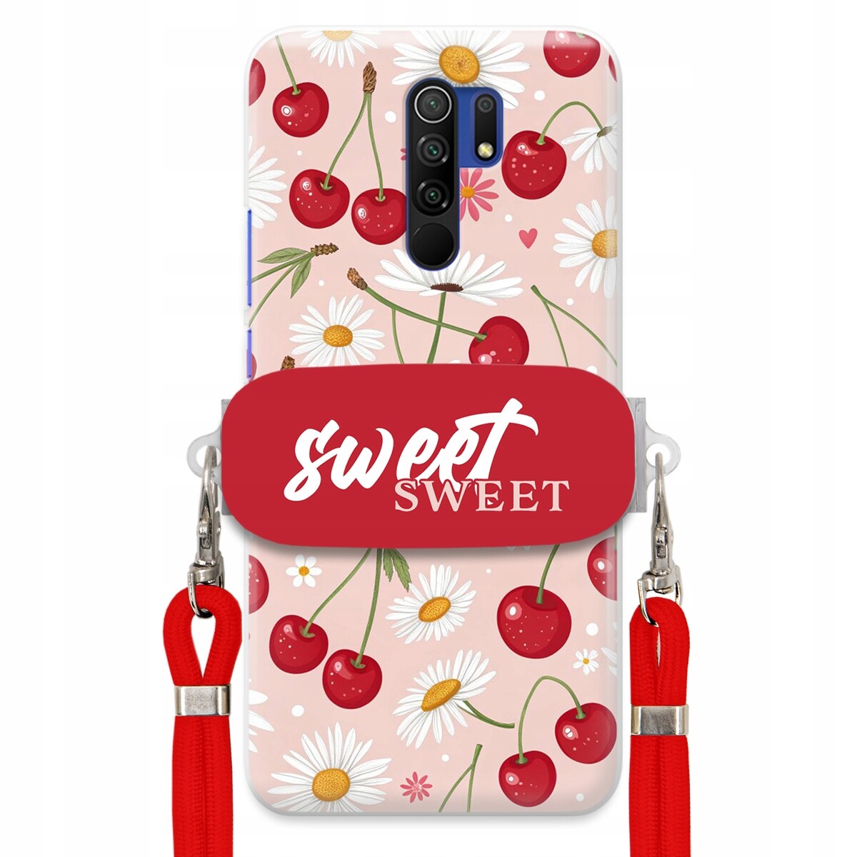 Pouzdro pro Xiaomi Redmi 9 Červené vodítko držák Crossbody Sweet Višňový Květ