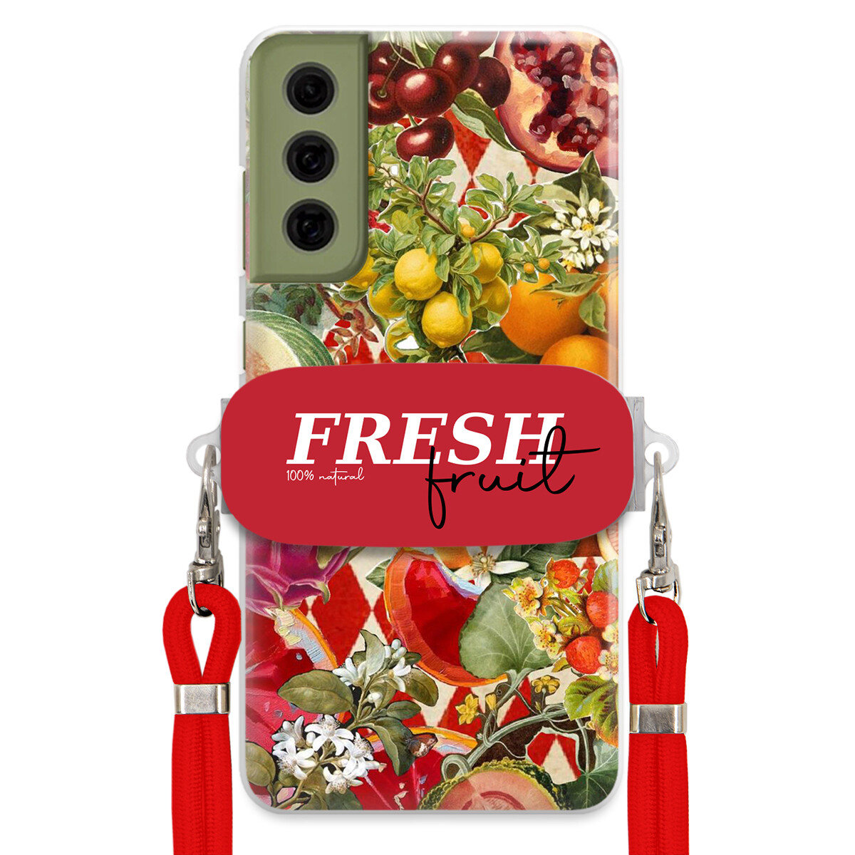 Pouzdro pro Samsung S21 Fe Červené vodítko Crossbody Držák Fresh Fruit Ovoce