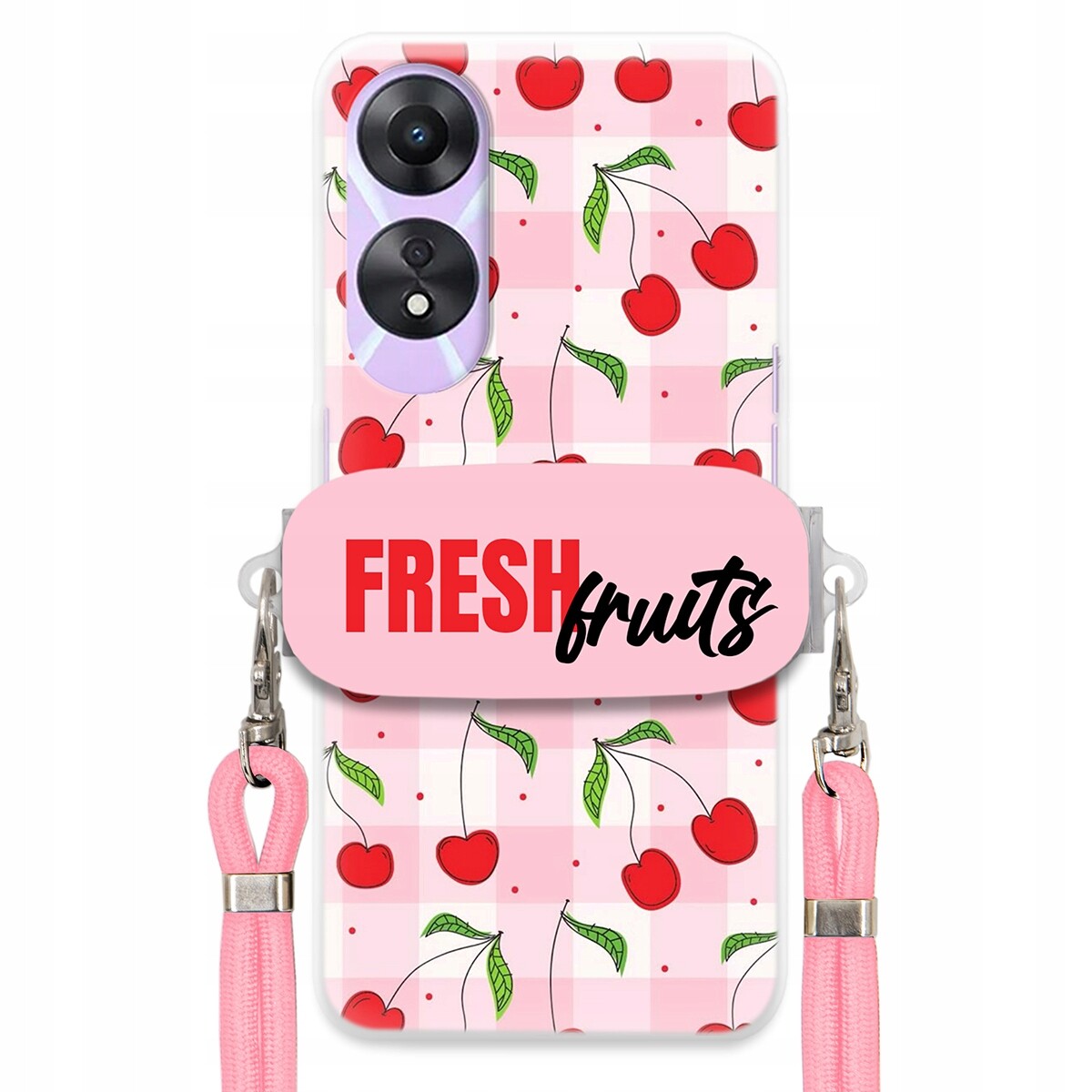Pouzdro pro Oppo A58 5G Case Držák Šňůrka Růžová Fresh Fruits Mřížka Ovoce