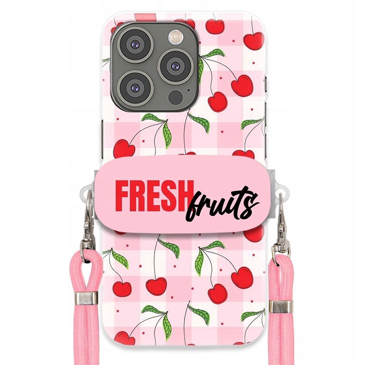 Pouzdro pro iPhone 14 Pro Case Držák Šňůrka Růžová Fresh Fruits Mřížka