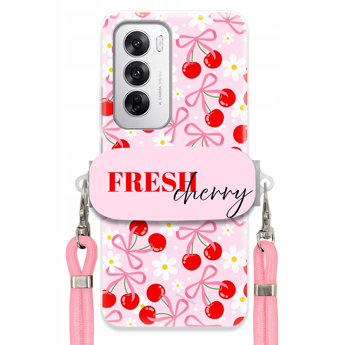 Pouzdro pro Oppo Reno 12 5G Case Držák Šňůrka Růžová Fresh Cherry Kokardy