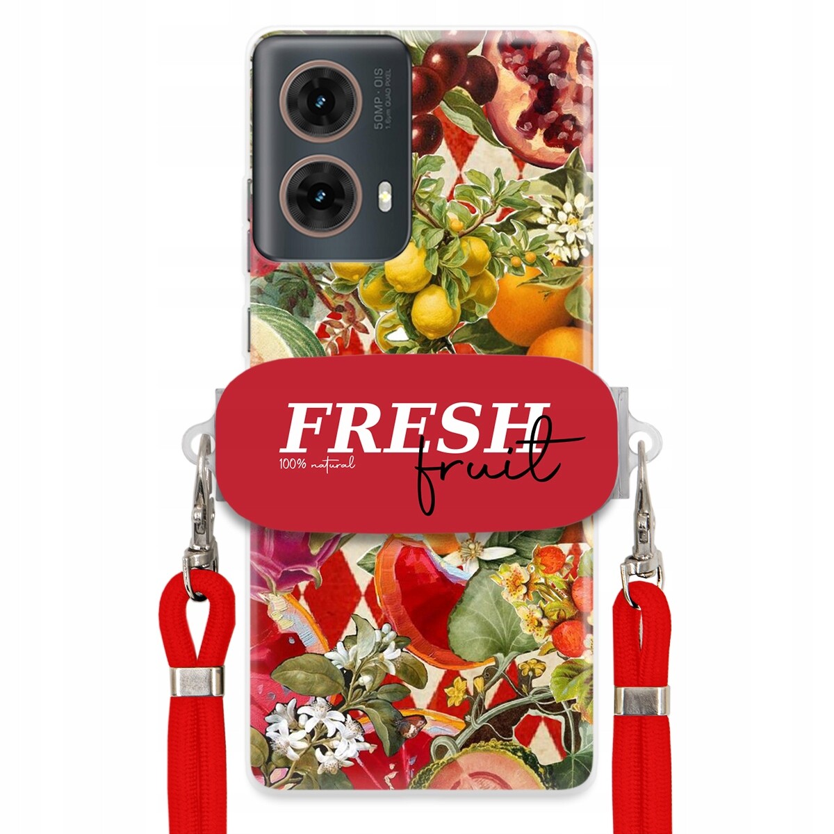 Pouzdro pro Motorola G85 Červené Crossbody vodítko Držák Fresh Fruit Ovocné