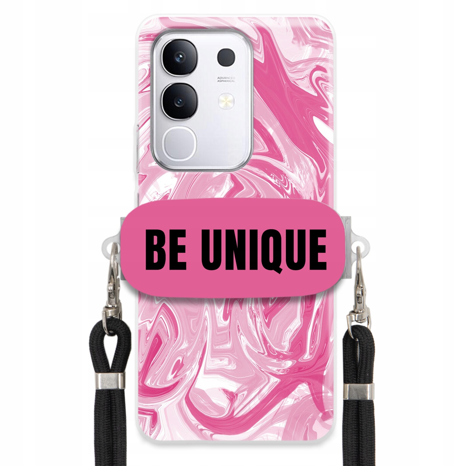 pouzdro na Vivo Y29 4G Case Uchyt Šňůrka Černý Růžový Mramor Be Unique